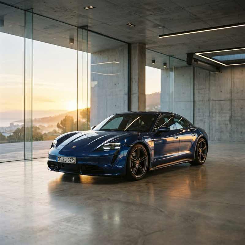 Sleek EV inside a minimalist showroom